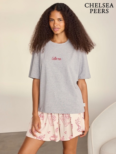 Natural - Chelsea Peers Cotton Coffee Run Print Short Pyjamas Set