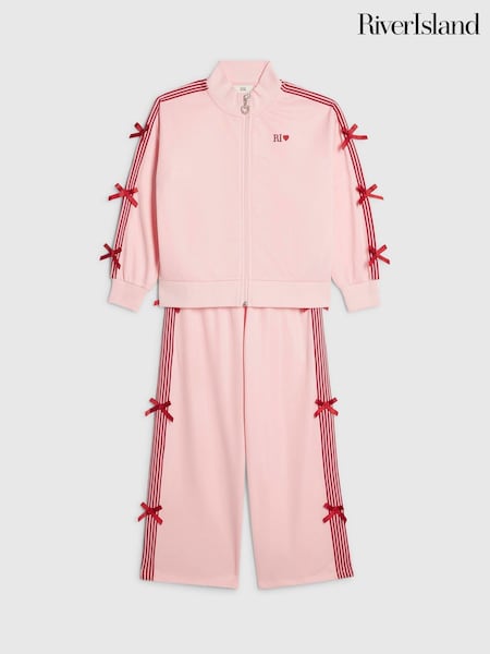 Pink - River Island Bow Tricot Zip Thru Jacket & Joggers Set