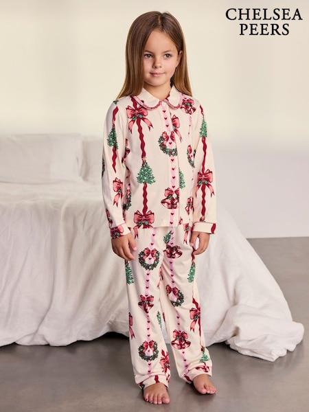 Natural - Chelsea Peers Kids Christmas Ribbon Stripe Print Long Pyjamas Set