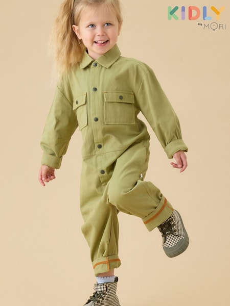 Green - Kidly By Mori Sage Soft Twill Button Down Boilersuit Jumpsuit