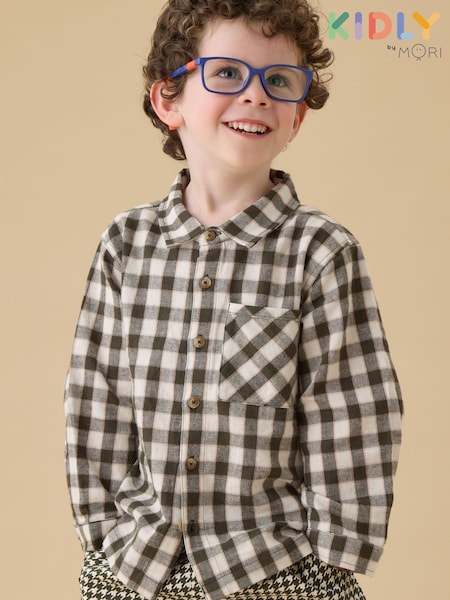 Grön - Kidly By Mori Khaki Check Soft Cotton Button Down Shirt