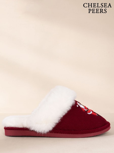 Red - Chelsea Peers Corduroy Embroidered Musical Santa Slippers