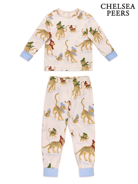 Natural - Chelsea Peers Kids Cotton Ice Skating Leopards Print Long Pyjamas Set