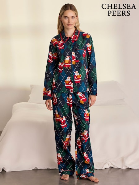 Blue - Chelsea Peers Cotton Argyle Musical Santa Print Long Pyjamas Set