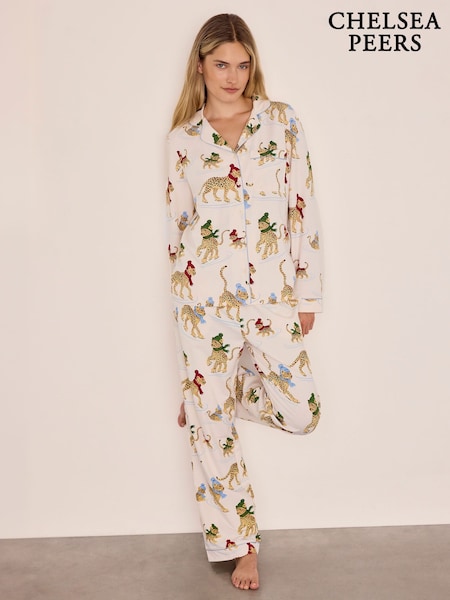 Off White - Chelsea Peers Cotton Ice Skating Leopards Print Long Pyjamas Set