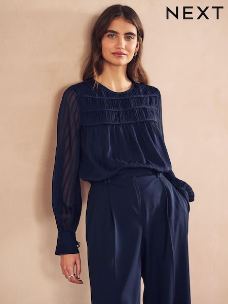 Navy Sheer Pintuck Pleated Blouse (892600) | €14