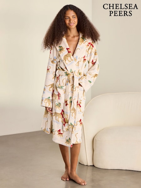 Natural - Chelsea Peers Fleece Ice Skating Leopards Print Hooded Dressing Gown
