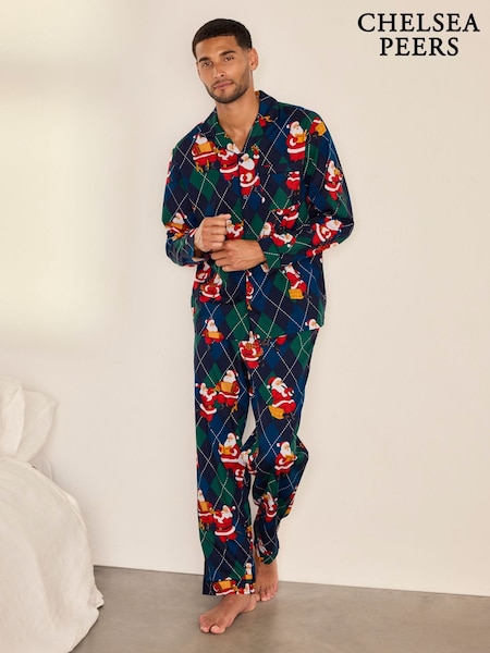 Blue - Regular Chelsea Peers Cotton Argyle Musical Santa Print Long Pyjamas Set