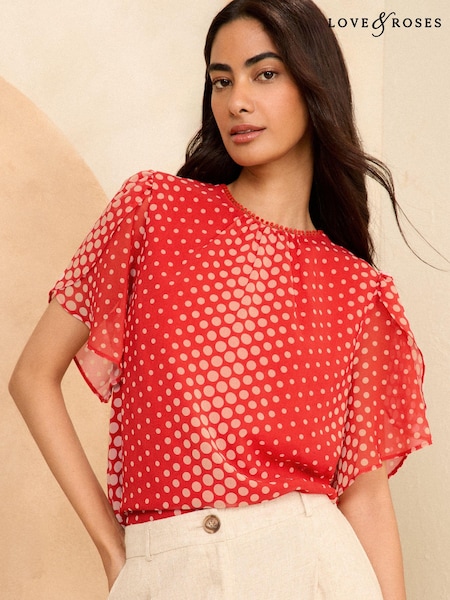 Red - Love & Roses Flutter Sleeve Blouse (893073) | 139 LEI