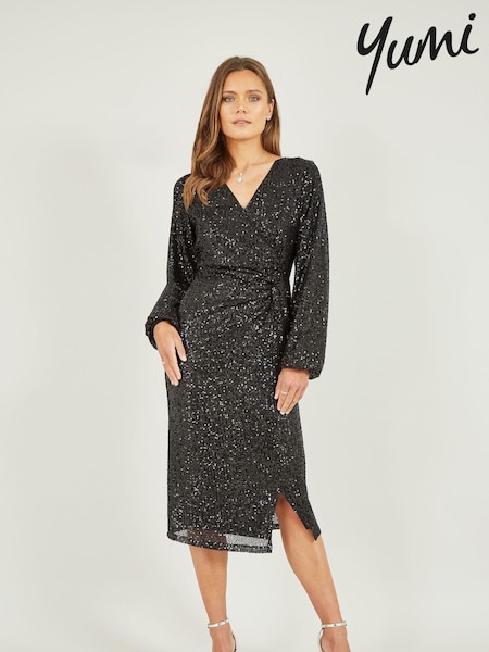 Yumi Black Sequin Ruched Wrap Long Sleeve Dress (893235) | € 25