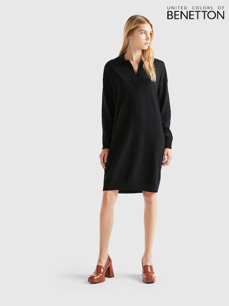 Benetton V-Neck Collared Knit Black Dress (894405) | €46
