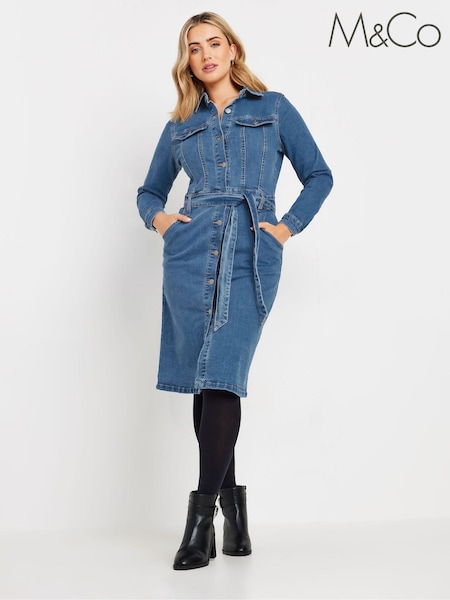 M&Co Blue Button Down Tie Waist Denim Dress (894572) | €64