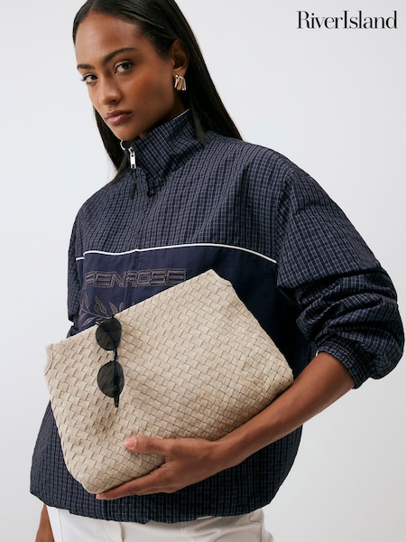 Cream - River Island Suede Woven Clutch Bag