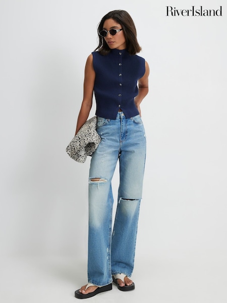 أزرق - صديري محبوك مضلع بياقة قمعية من River Island