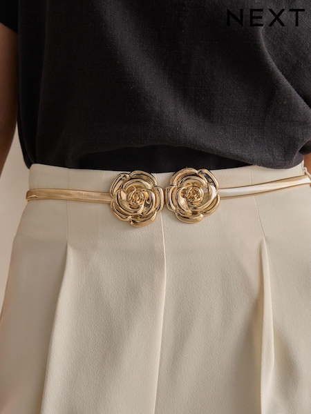 Gold Corsage Flower Skinny Stretch Belt (895387) | 44 QAR