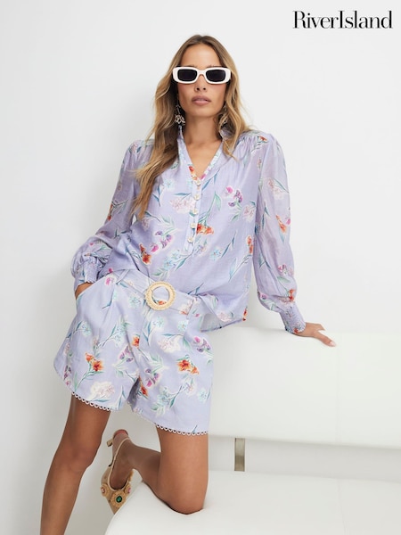 Purple - River Island Linen Blend Floral Long Sleeve Blouse