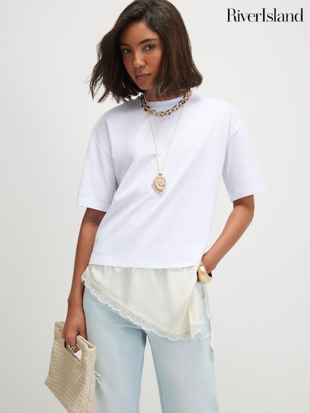 White - River Island Cotton Lace Hem Asymmetric T-shirt