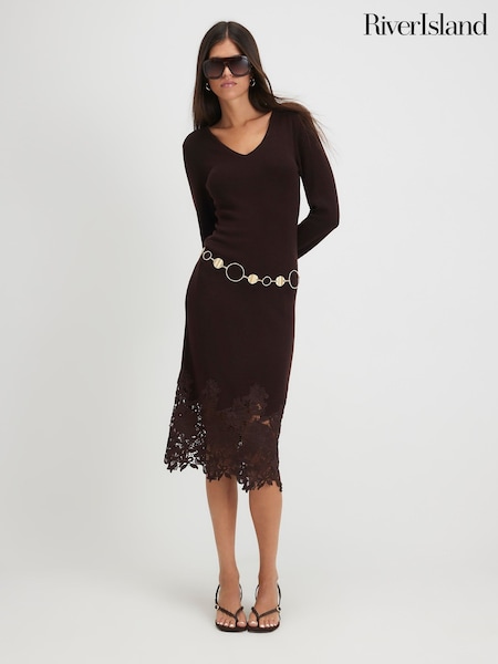 Brown - River Island Lace Hem V-neck Jumper Midi Dress