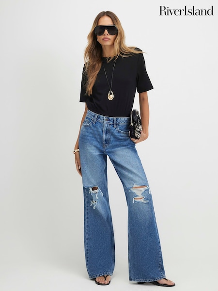 Blue - River Island Ripped Relaxed Straight Leg Jeans