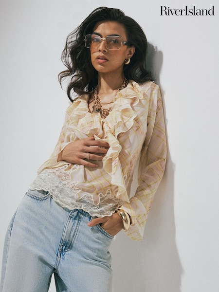 Cream - River Island Soft Ruffle Check Blouse