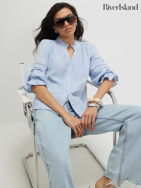Blue - River Island Cotton Frill Sleeve Pintuck Blouse