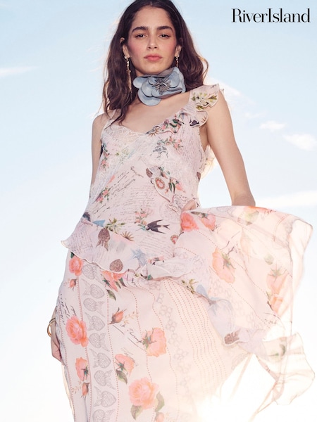 Pink - River Island Poet Print Slip Midi Dress