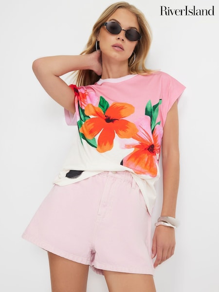وردي - River Island Flower Polka Dot T-shirt