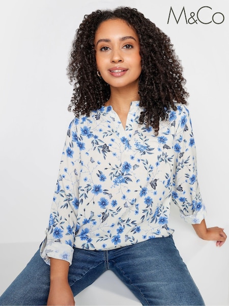 M&Co Ivory White & Blue Petite Butterfly Print Blouse (896218) | €11