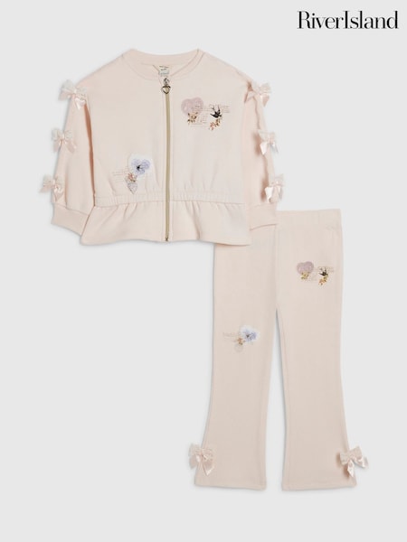 Pink - River Island Poetcore Bow Zip Thru Jacket & Joggers Set