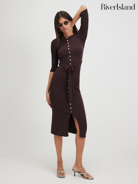 Brun - Robe mi-longue côtelée en maille Ceinturé River Island