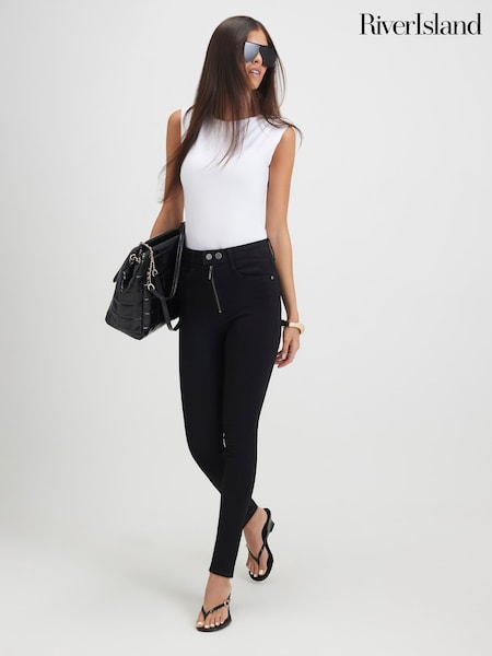 Қара - River Island Racer белбеуі бар тар джинсы