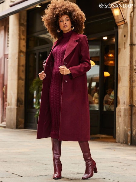 Sosandar Burgundy Red Premium Longline Wool Mix Coat (896904) | 767 QAR