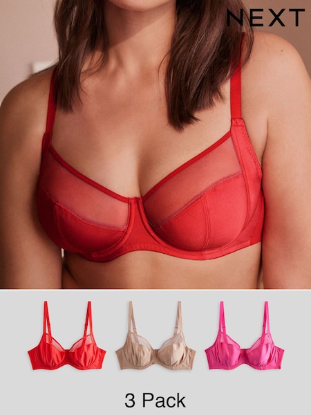 Red/Bright Pink/Neutral DD+ Non Pad Full Cup Bras 3 Pack with Side Support (897414) | R687