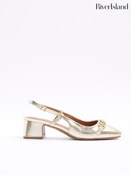 River Island Gold Chain Block Heeled Slingback Shoes (898724) | €17.50