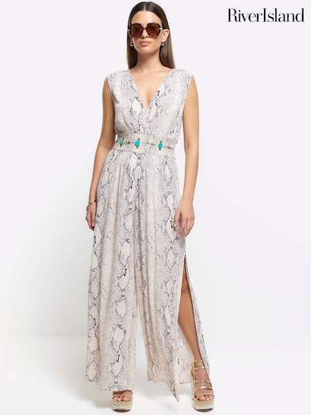 River Island Grey Snake Embellished Plunge Jumpsuit (898948) | € 15