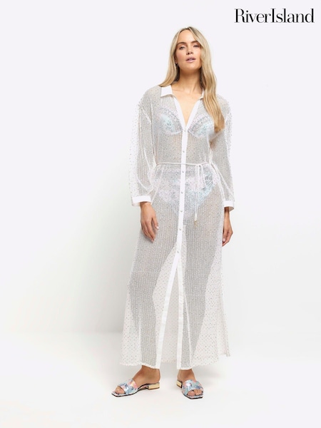 River Island White 100% Cotton Sequin Maxi Shirt Cover-Up Dress (898964) | €34