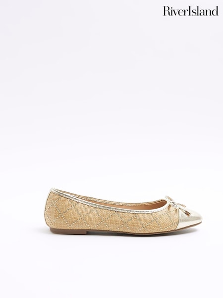 River Island Gold Raffia Studded Bow Ballet Pumps (898989) | AED93