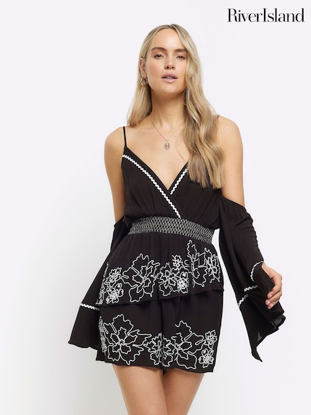 River Island Black Angel Sleeve Embellished Playsuit (899063) | €17