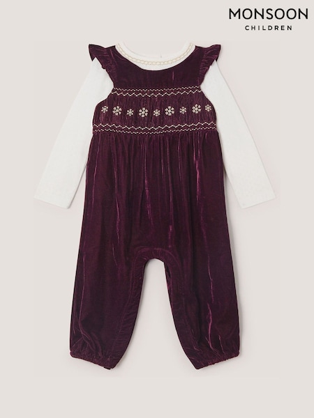 أحمر - Monsoon Baby Top & Smocked Velvet Dungarees Set