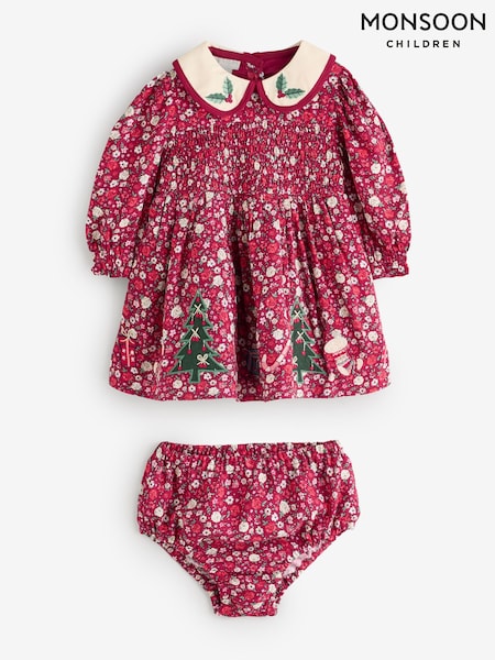 Pink - Monsoon Baby Ditsy Floral Christmas Dress & Knickers Set