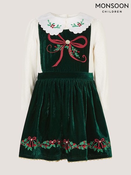 Green - Monsoon Christmas Wreath Top & Velvet Pinafore Dress Set