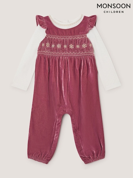 وردي - Monsoon Baby Top & Smocked Velvet Dungarees Set