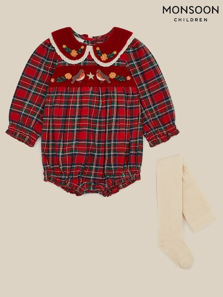 Red - Monsoon Baby Tartan Christmas Romper