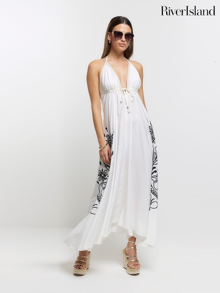River Island Cream Embroidered Plunge Maxi Dress (899597) | €34