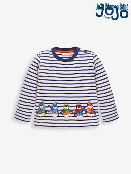 JoJo Maman Bébé Ecru Navy Stripe Stripe Penguin Appliqué Top (89B960) | KRW36,300