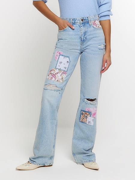 River Island Blue High Rise Straight Leg Non Stretch Patchwork Jeans (900210) | €44.50