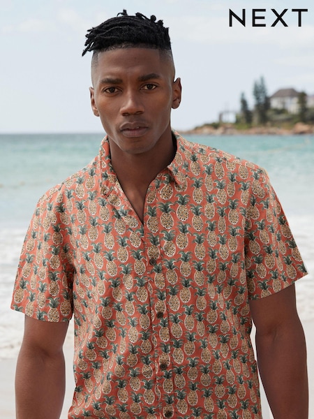 Rust Orange Linen Blend Printed Short Sleeve Shirt (900332) | €12