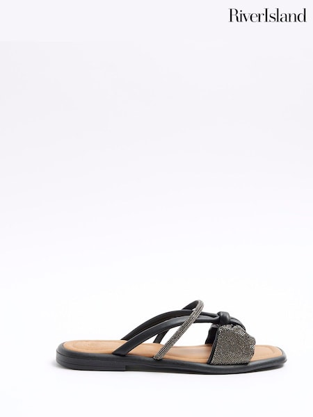 River Island Black Diamonte Bow Flat Sandals (900367) | € 11