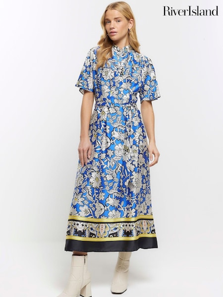 River Island Blue Printed Belted Button Shirt Dress (900430) | €16