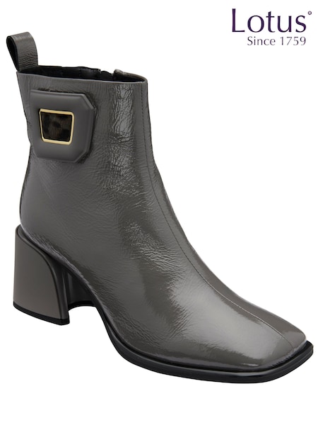 Grey - Lotus Patent Heeled Ankle Boots